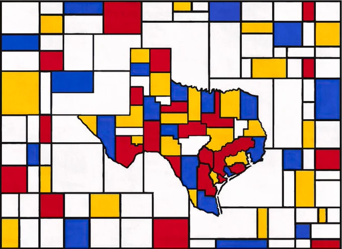 Map of Texas in the style of Composition with Red, Blue and Yellow by Piet Mondrian