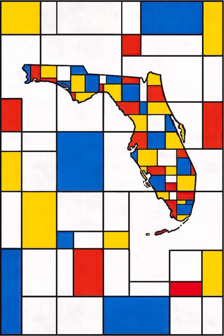 Map of Florida in the style of Composition with Red, Blue and Yellow by Piet Mondrian