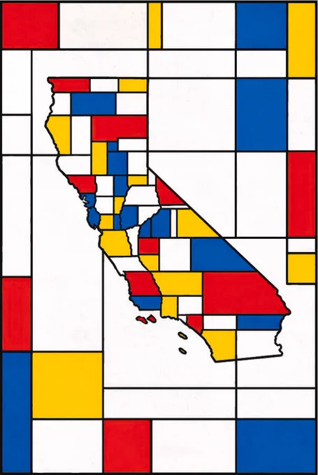 Map of California in the style of Composition with Red, Blue and Yellow by Piet Mondrian