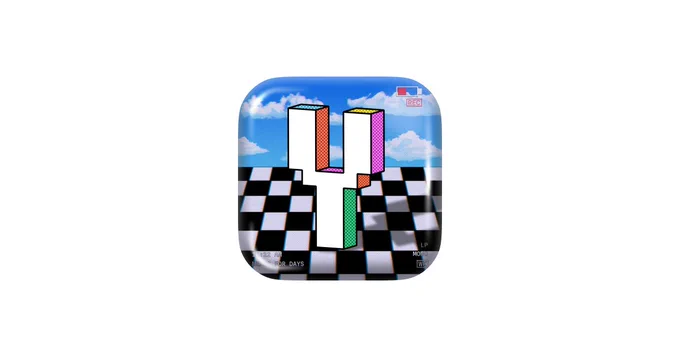 A colorful abstract design features a large, stylized "4" on a checkered floor, set against a blue sky with clouds.