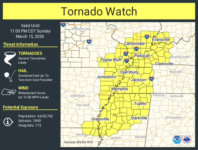 This graphic displays Tornado Watch watch number 55 plotted on a map. The watch is in effect until 11:00 PM CDT. The watch includes parts of Arkansas, Illinois, Indiana, Kentucky, Louisiana, Mississippi, Missouri and Tennessee. The threats associated with this watch are several tornadoes likely, scattered hail up to two inch size possible and widespread gusts up to 80 mph likely. There are 4,630,762 people in the watch along with 1890 schools and 172 hospitals.