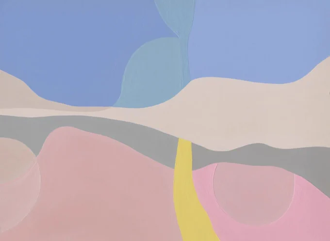 Abstract painting reminiscent of a horizon, gently textured with soft brush strokes. Pink, hill-like masses are topped by swooping gray and cream layers and curvy, blue, cloud-like forms. A yellow streak runs vertically down from the middle.