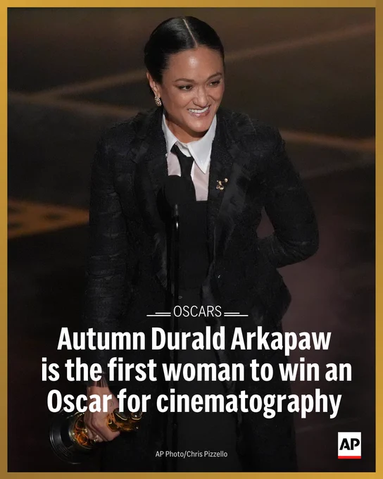 Photo of Autumn Durald Arkapaw accepting her Oscar. Text: Oscars: Autumn Durald Arkapaw is the first woman to win an Oscar for cinematography