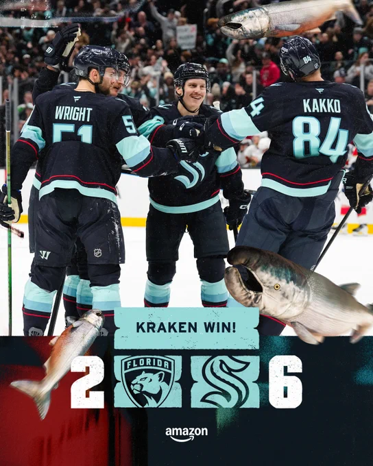 "KRAKEN WIN" graphic displaying Kraken's 6-2 win over Panthers featuring photo of Shane, Bobby, Tolvy & Kaapo celebrating a goal.