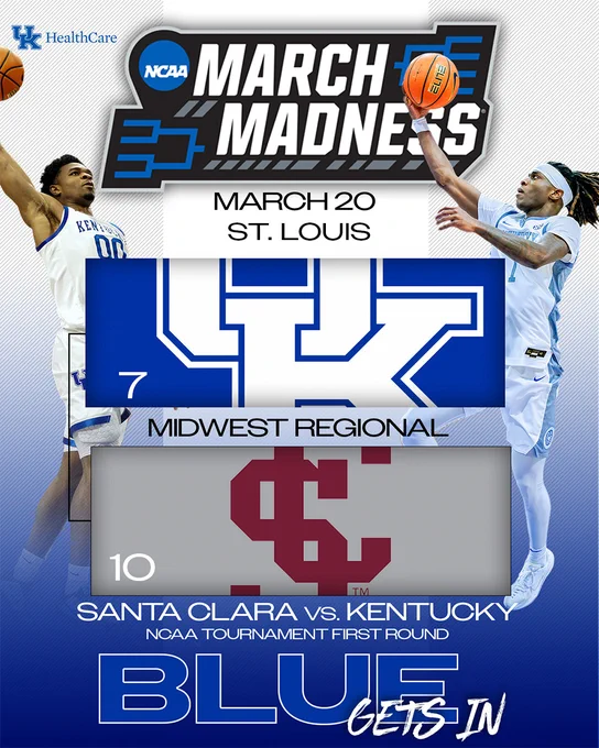 Blue gets in graphic for the NCAA Tournament. We play Santa Clara in the first round on March 20th in St. Louis. 