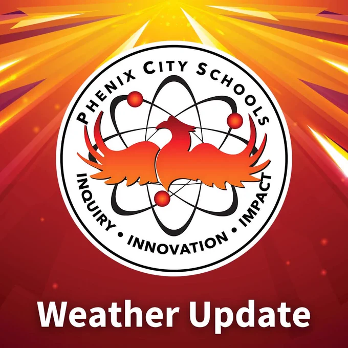 Phenix City Schools logo with a fiery phoenix and atomic orbit design above bold Weather Update text on a radiant orange background.