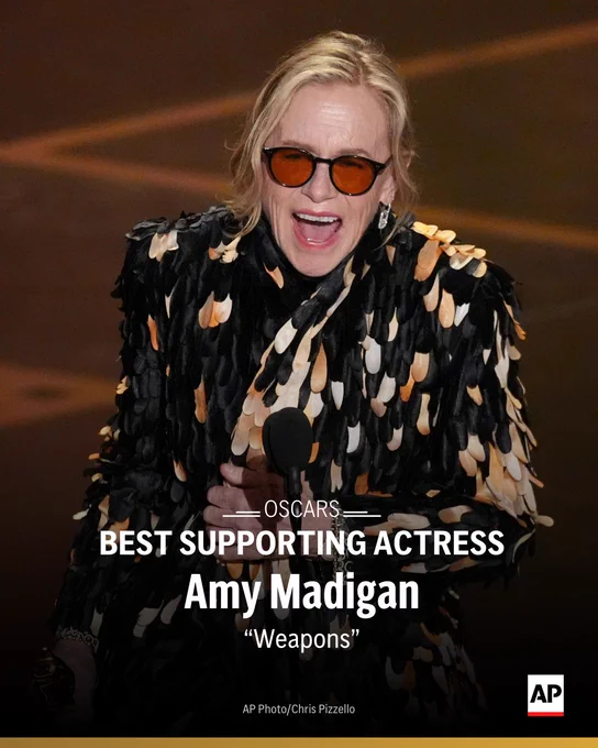Amy Madigan accepts an Oscar. Text: Oscars: Best supporting actress, Amy Madigan, "Weapons"