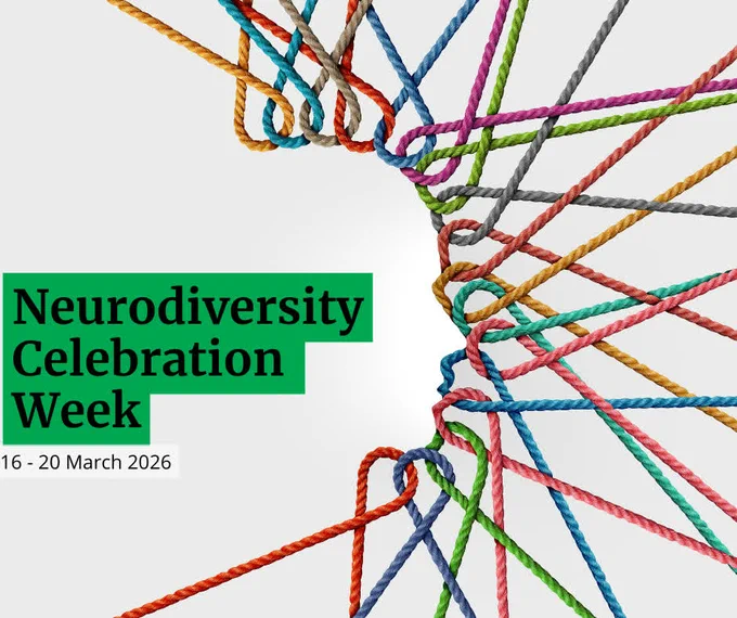 Outline of a facial profile made of colourful string. Text reads ‘Neurodiversity Celebration Week.’ 