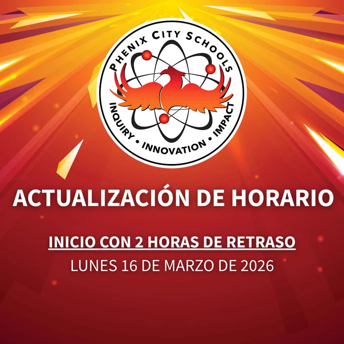 Phenix City Schools logo with announcement of a two-hour delayed start on Monday, March 16, 2026, in Spanish.