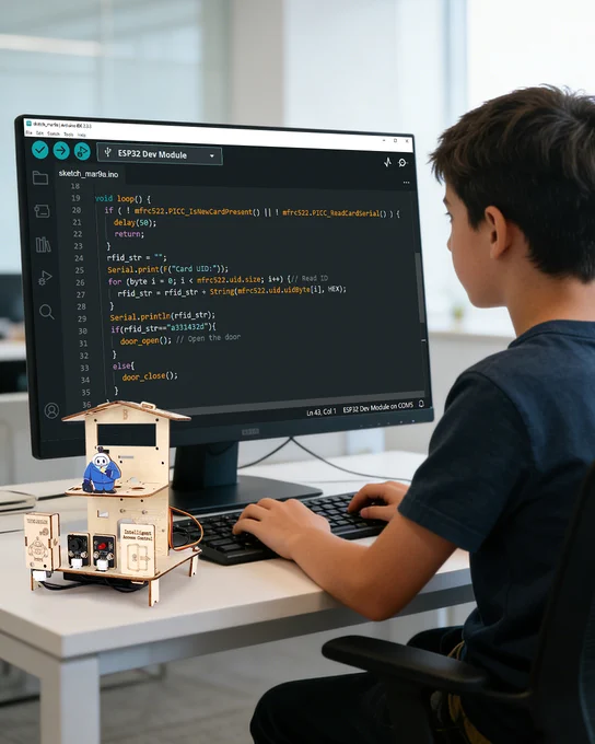 A young student coding an ESP32 RFID door-lock logic in Arduino IDE on a large monitor.