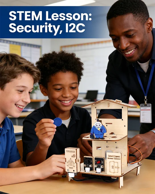 An educator and two students smiling while testing an RFID access control project.