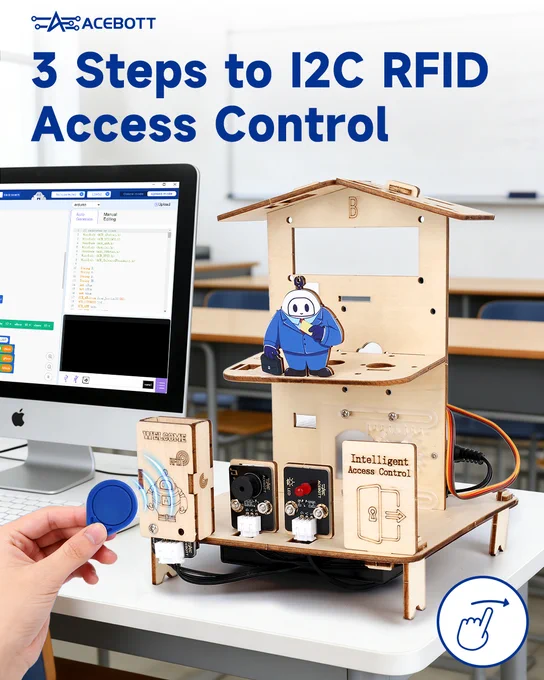 A wooden smart home model with an I2C RFID sensor and a blue key fob.