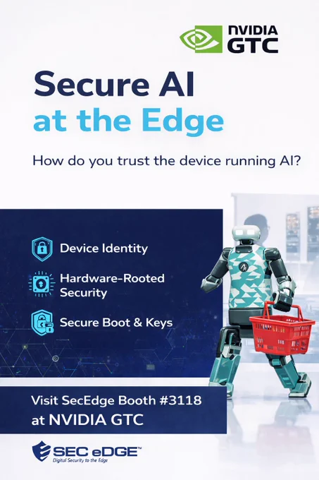 Promotional graphic announcing SecEdge exhibiting at NVIDIA GTC Booth #3118, highlighting secure Edge AI with device identity, hardware-rooted security, and secure boot protection.