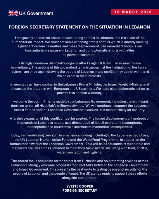 Foreign Secretary statement on the situation in Lebanon. Read the full text on GOV.UK: https://www.gov.uk/government/news/foreign-secretary-statement-on-the-situation-in-lebanon--2