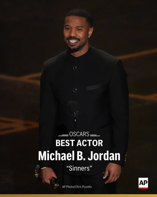 Photo of Michael B. Jordan accepting his Oscar. Text: Oscars: Best actor, Michael B. Jordan, "Sinners"