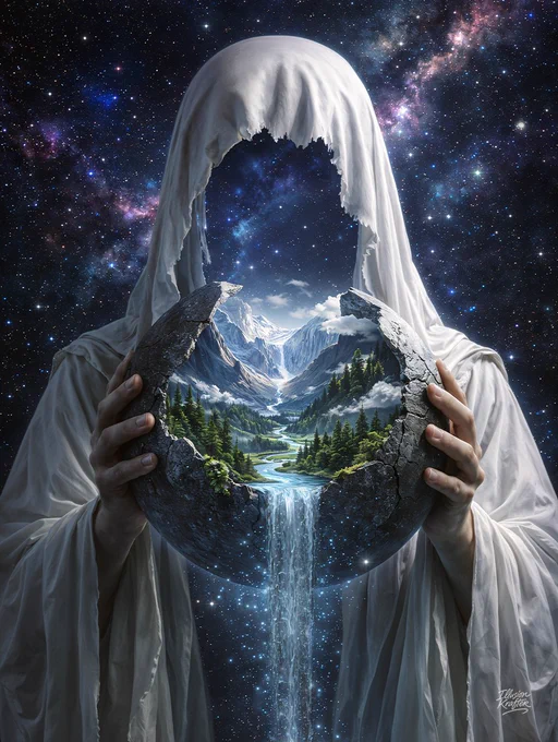 A hooded cosmic guardian holding a broken world revealing a hidden landscape inside, floating in the cosmos.