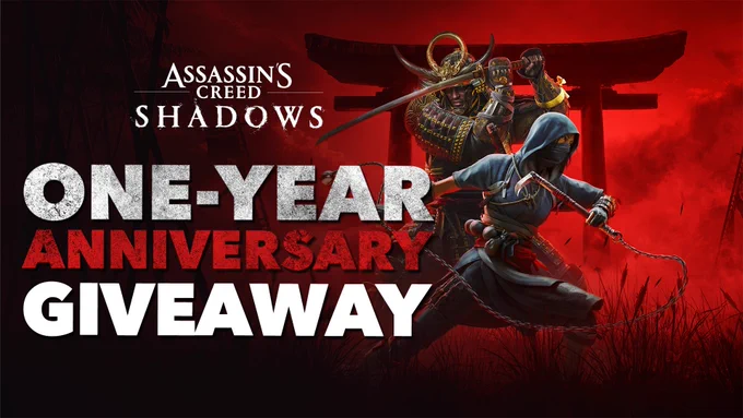 Promotional image for Assassin\u2019s Creed Shadows\u2019 one\u2011year anniversary giveaway. Two characters face off in front of a red torii gate, with bold text reading \u201COne\u2011Year Anniversary Giveaway\u201D over the scene.