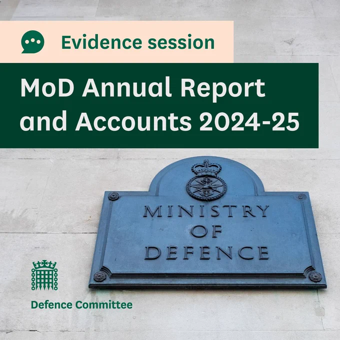 Evidence session.
MoD Annual Report and Accounts 2024-25.
Defence Committee.
Photo is a close up of the Ministry of Defence sign outside of their headquarters on a grey brick wall.