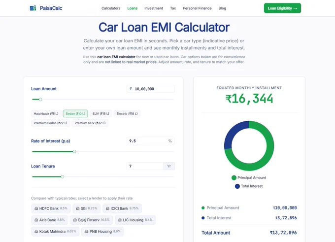 Calculate your car loan EMI in seconds. Pick a car type (indicative price) or enter your own loan amount and see monthly installments and total interest.