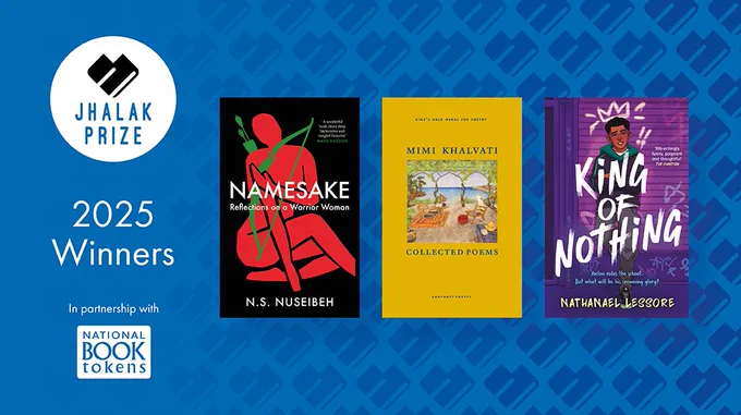 Graphic with blue background and logos in white with books covers for our 2025 winners (left to right): Namesake, Collected Poems and King of Nothing. Link to our website with information on winners in our bio



