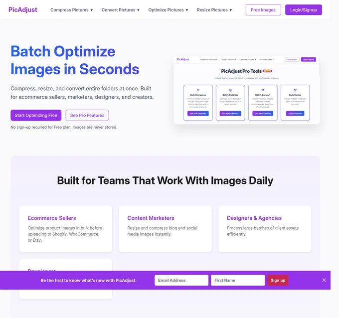 PicAdjust homepage - image optimization 