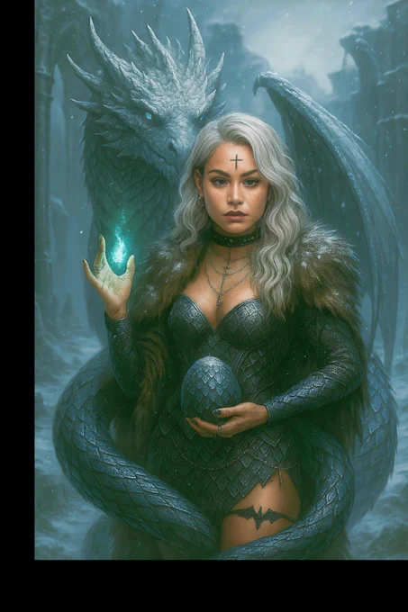 A silver‑haired woman in a dragon‑scale outfit stands in ancient ruins, holding a glowing blue flame and a dragon egg, while an icy blue dragon looms protectively behind her.
