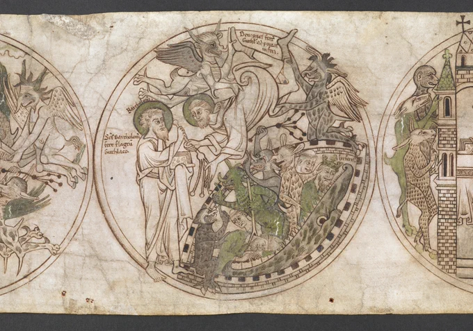 A roundel from the Guthlac Roll, showing demons emerging from the Mouth of Hell, and St Bartholomew giving a scourge to St Guthlac to drive them away. 
