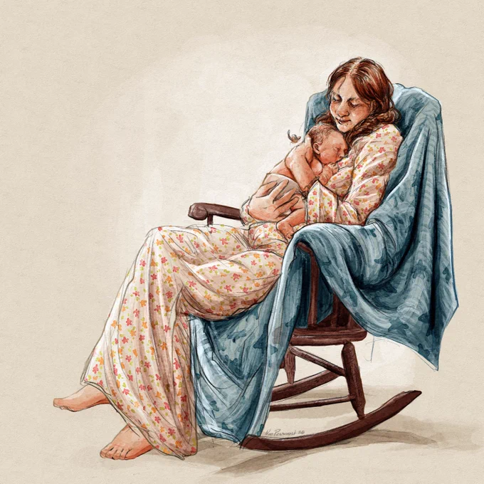 Digital illustration of Roxie from Ghost Quartet, holding her baby to her chest in a rocking chair. She's a young thing with auburn hair braided and freckles all over her body. She's in a long white sleeping gown patterned with small red and yellow flowers, a blue star-patterned blanket enveloping her. 