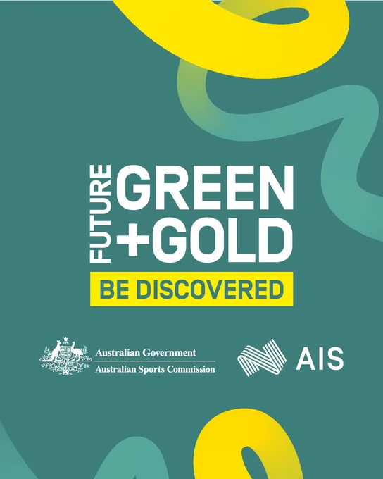Promotional image with the text "Future Green   Gold: Be Discovered" on a teal background with yellow and green abstract shapes. Logos for the Australian Government, Australian Sports Commission, and AIS are displayed at the bottom.