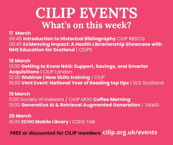 Schedule of CILIP events from March 17-20 including webinars, talks, and networking sessions for library professionals.