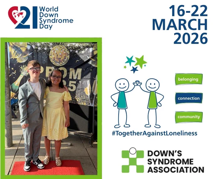 Image of our graphic for Awareness Week and World Down Syndrome day. Image of a teenage boy and girl at their prom. The boy has Down's syndrome. 