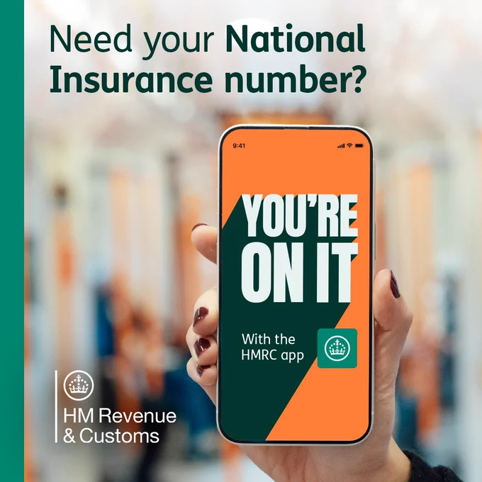 Advertisement showing a hand holding a smartphone with the HMRC app screen displayed, featuring the text 'You're on it' and a reminder to get your National Insurance number.