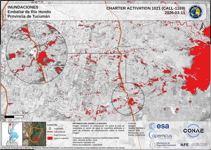 Map of areas potentially flooded in southern Tucuman, Argentina. The map uses Sentinel-1 data from 11 March to estimate affected areas.