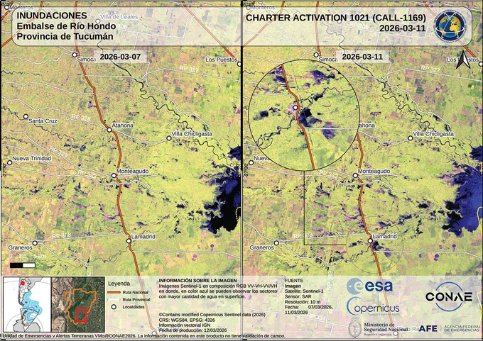 Comparison of southern Tucuman in Argentina before and after floods. The map uses Sentinel-1 data from 7 and 11 March to compare the area after the flood.