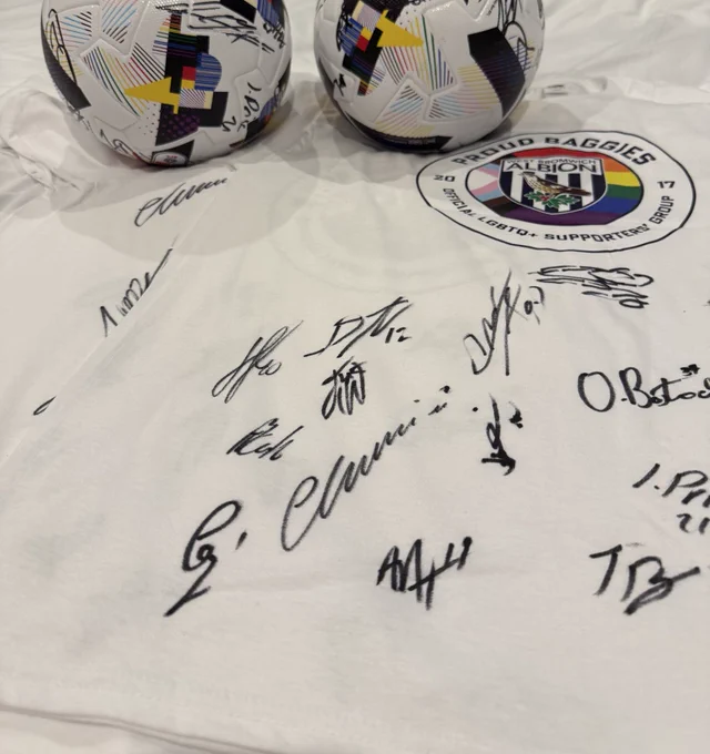 Photo of signed Proud Baggies T-shirt. Signed by the WBA 2025/26 Squad.