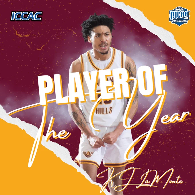Bold Player of the Year basketball graphic featuring an Indian Hills player in a white jersey celebrating at center. Large layered text reads “PLAYER OF the Year” across the middle, with ICCAC logo in the top left and NJCAA Basketball logo in the top right. The background uses a maroon and gold torn-paper design with smoky lighting effects, highlighting the athlete and creating a dramatic college basketball award poster. A stylized script signature at the bottom reads “KJ LaMonte.”