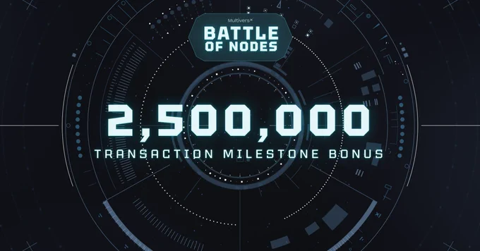 Digital graphic featuring a futuristic design highlighting a transaction milestone of 2,500,000 in a competition setting.