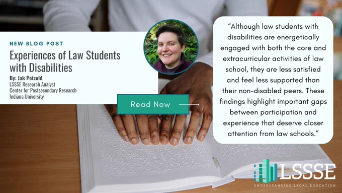 The layout features hands resting on an open book in the background. Text on the left reads: “New Blog Post,” followed by the title, and “By: Jak Petzold, LSSSE Research Analyst, Center for Postsecondary Research, Indiana University.” A green button labeled “Read Now” appears near the center. A quote at the bottom states that although law students with disabilities are highly engaged in academic and extracurricular activities, they are less satisfied and feel less supported than non‑disabled peers, highlighting gaps between participation and experience. The LSSSE logo appears in the lower right corner.