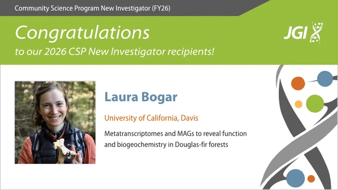Community Science Program New Investigator (FY26)
Congratulations to our 2026 CSP New Investigator recipients!
Laura Bogar
University of California, Davis
Metatranscriptomes and MAGs to reveal function and biogeochemistry in Douglas-fir forests