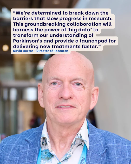A person in a blazer and floral shirt stands indoors. A quote beside them discusses using 'big data' to advance Parkinson's research, attributed to David Dexter, Director of Research.
