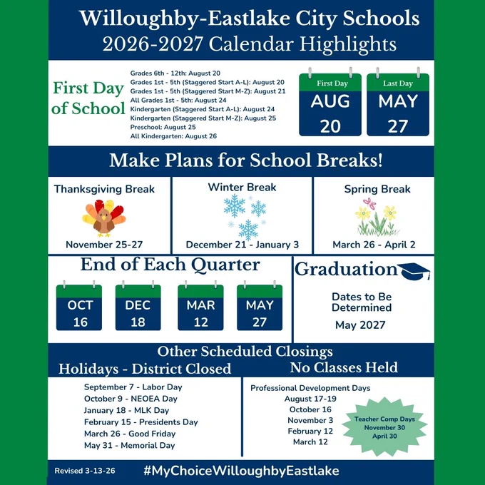 Willoughby-Eastlake City Schools 2026-2027 calendar highlights, including first day of school, school breaks, end of quarters, graduation, and other scheduled closings.