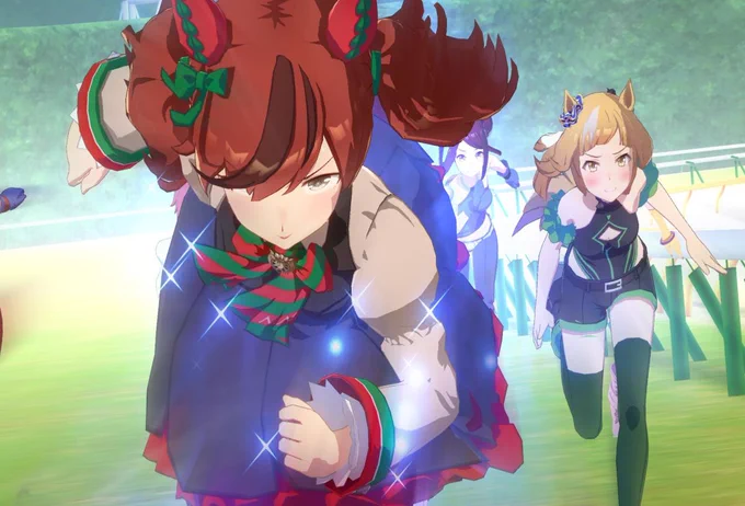 Screenshot of anime horse girls racing each other.