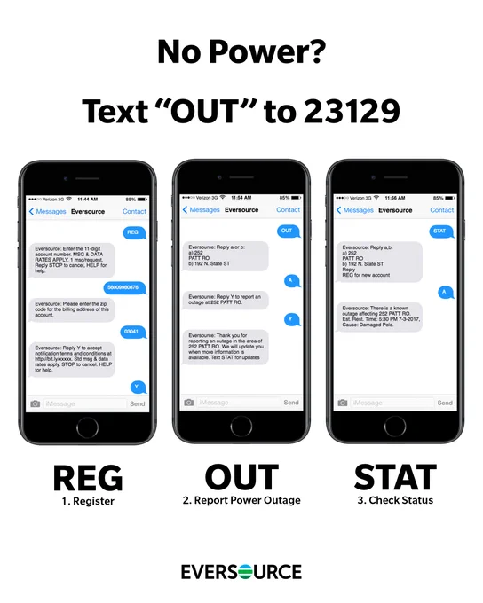 Graphic explaining Eversource two-way text messaging for power outages. Headline reads, \u201CNo Power? Text \u2018OUT\u2019 to 23129.\u201D Three smartphone screens show example text conversations labeled: \u201CREG \u2013 Register,\u201D \u201COUT \u2013 Report Power Outage,\u201D and \u201CSTAT \u2013 Check Status.\u201D Eversource logo appears at the bottom.