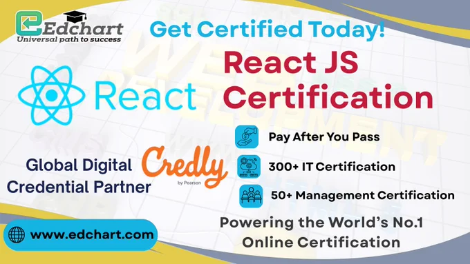 This image promotes the React JS Certification, an online certification exam designed for web developers, freelancers, and IT professionals who want to validate their expertise in React development.

The certification confirms the skills required to build modern user interfaces and web applications using the React framework. After passing the React JS developer exam, candidates earn the Certified React JS Developer digital badge issued through Credly, a global digital credential partner that provides verifiable and shareable credentials.

The certification helps professionals demonstrate technical competency, improve career credibility, and gain recognition in the global technology job market.