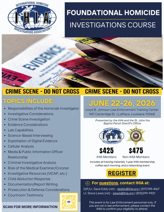 IHIA Foundational Homicide Investigations Course - LaPlace, LA Flyer
