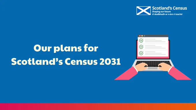 White text on a blue background which reads 'Our plans for Scotland's Census 2031' with a graphic of a laptop with hands typing and the Scotland's Census logo 