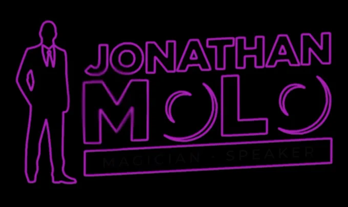 Neon-style logo on a black background reading “Jonathan Molo” in glowing purple stylized text with a purple outline silhouette of a man in a suit on the left. 