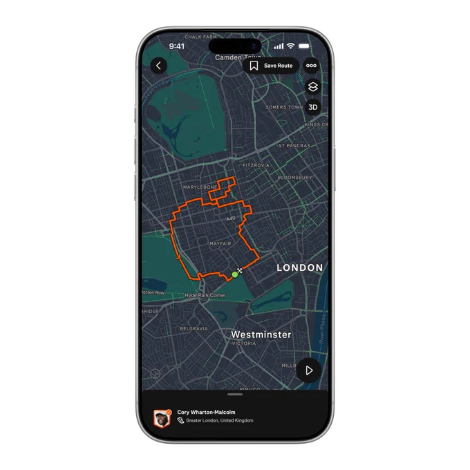 iPhone open to the Strava app, showing Fitness  trainer Cory Wharton-Malcolm's run path across London in the shape of the Apple logo.
