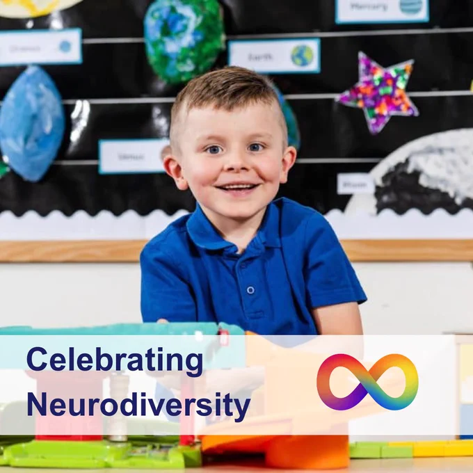 Photo of a young boy, smiling. Text reads: 'Celebrating Neurodiversity'.