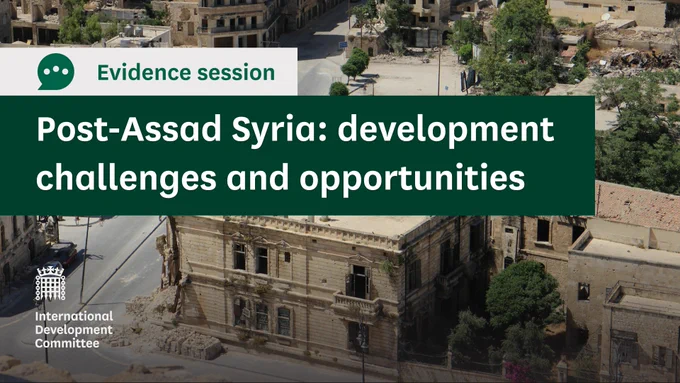 Evidence session.
Post-Assad Syria: development challenges and opportunities.
International Development Committee.
Photo shows the northern city of Aleppo in Syria. There are yellow-stoned buildings, some of which look quite old and historical, some have some damage to them structurally and their brick work. There are trees dotted about the building and roads.
